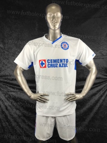 Uniforme Soccer Cruz Azul Visita 2019: Uniforme de futbol soccer replica modelo Cruz Azul Visita 2019, incluye playera blanca, short azul, y numeros en la espalda.