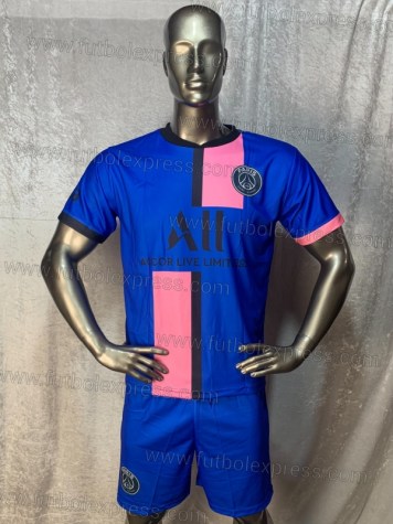 Uniforme Soccer Paris Saint Germain Visita 2021-22 Azul: Uniforme de futbol soccer replica modelo Paris Saint Germain Visita 2021-22, incluye playera azul, short azul, y numeros en la espalda.